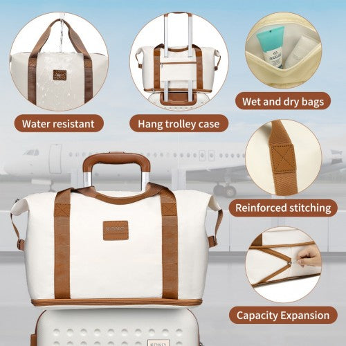 K2394L+EA2212 - Kono 20 Inch ABS Carry On Cabin Suitcase 3 Piece Travel Set with Weekend and Toiletry Bag - Cream