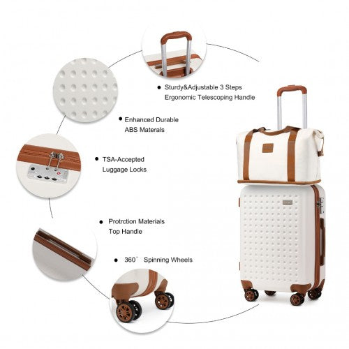 K2394L+EA2212 - Kono 20 Inch ABS Carry On Cabin Suitcase 3 Piece Travel Set with Weekend and Toiletry Bag - Cream