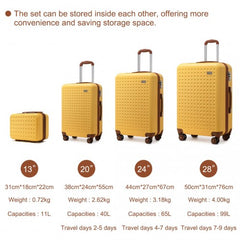 K2394L - Kono Flexible Hard Shell ABS Suitcase With TSA Lock And Vanity Case 4 Piece Set - Yellow