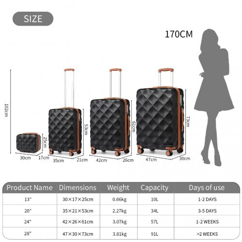 K2395L - British Traveller Ultralight ABS And Polycarbonate Bumpy Diamond 4 Pcs Luggage Set With TSA Lock - Black And Brown