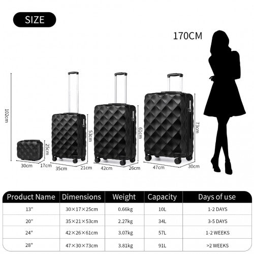 K2395L - British Traveller Ultralight ABS And Polycarbonate Bumpy Diamond 4 Pcs Luggage Set With TSA Lock - Black