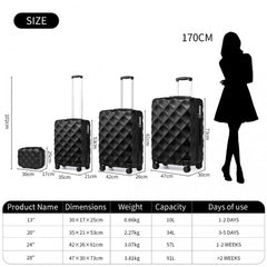 K2395L - British Traveller Ultralight ABS And Polycarbonate Bumpy Diamond 4 Pcs Luggage Set With TSA Lock - Black