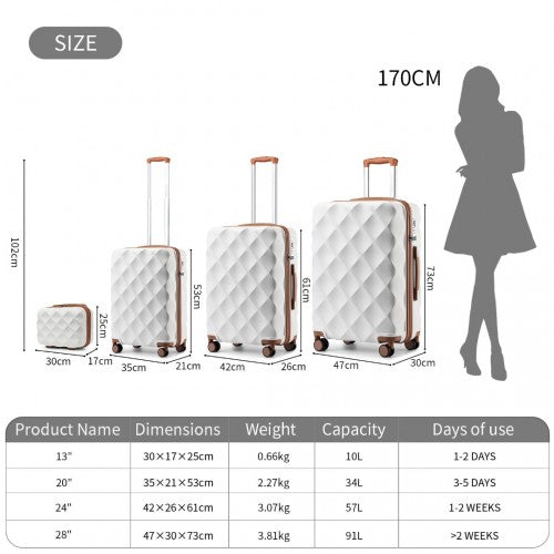 K2395L - British Traveller Ultralight ABS And Polycarbonate Bumpy Diamond 4 Pcs Luggage Set With TSA Lock - Cream