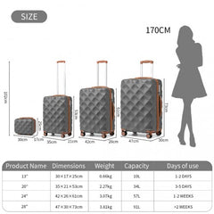 K2395L - British Traveller Ultralight ABS And Polycarbonate Bumpy Diamond 4 Pcs Luggage Set With TSA Lock - Grey And Brown