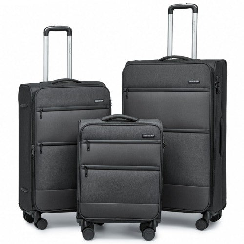 K2397L - British Traveller 3-Piece Lightweight Soft Shell Luggage Set with TSA Locks - Black