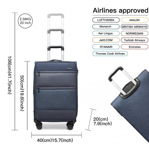 K2397L - British Traveller 20 Inch Lightweight Cabin Carry-On Suitcase with Soft Shell and Laptop Compartment - Navy