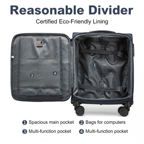 K2397L - British Traveller 20 Inch Lightweight Cabin Carry-On Suitcase with Soft Shell and Laptop Compartment - Navy