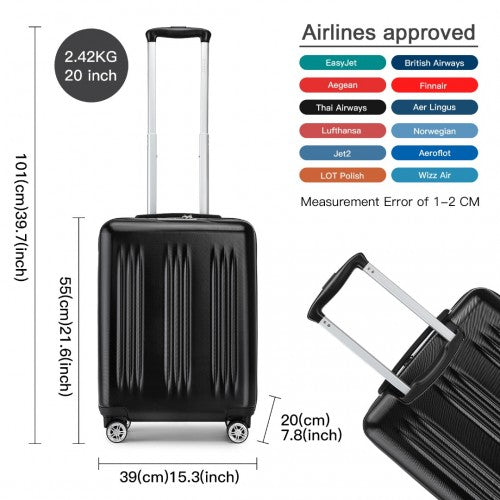 KSK2483 - Kono 20 Inch Sleek Striped Carry-On Suitcase Durable ABS+PC Luggage With Four Spinner Wheels And TSA Lock Perfect for Travel - Black