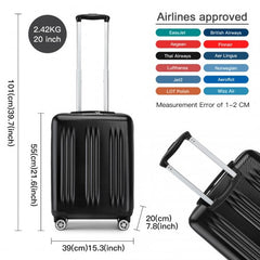 KSK2483 - Kono 20 Inch Sleek Striped Carry-On Suitcase Durable ABS+PC Luggage With Four Spinner Wheels And TSA Lock Perfect for Travel - Black