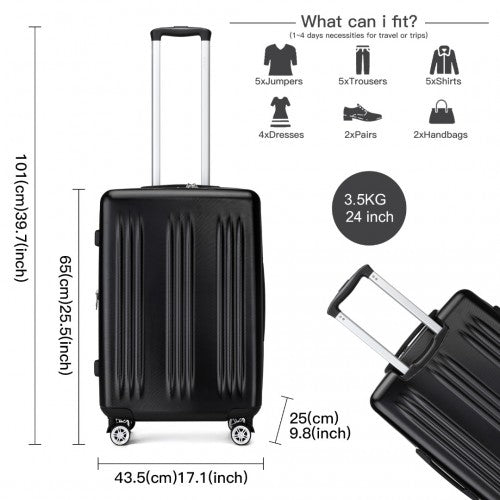 KSK2483 - Kono 24 Inch Sleek Striped Check-In Suitcase Expandable Durable ABS+PC Luggage with Four Spinner Wheels TSA Lock - Black