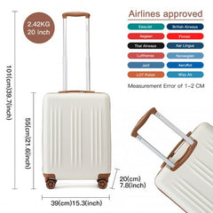 KSK2483 - Kono 20 Inch Sleek Striped Carry-On Suitcase Durable ABS+PC Luggage With Four Spinner Wheels And TSA Lock Perfect for Travel - Cream And Brown