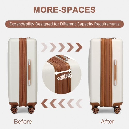 KSK2483 - Kono 3 Piece Luggage Set 20/24/28 Inch Sleek Striped Expandable ABS+PC Suitcase With TSA Lock And Four Spinner Wheels - Cream And Brown