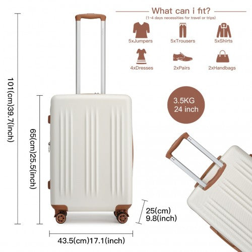 KSK2483 - Kono 24 Inch Sleek Striped Check-In Suitcase Expandable Durable ABS+PC Luggage with Four Spinner Wheels TSA Lock - Cream And Brown