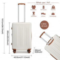 KSK2483 - Kono 24 Inch Sleek Striped Check-In Suitcase Expandable Durable ABS+PC Luggage with Four Spinner Wheels TSA Lock - Cream And Brown