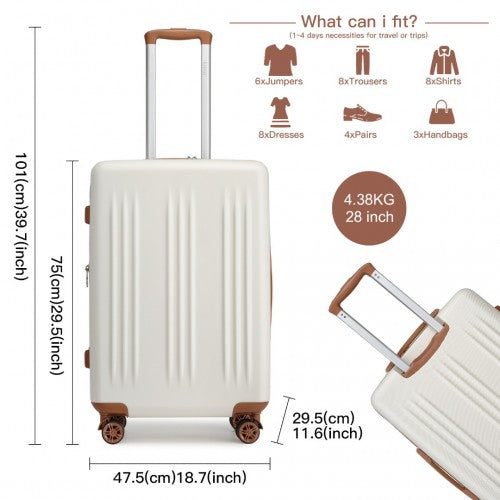 KSK2483 - Kono 28 Inch Sleek Striped Check-In Suitcase Expandable Durable ABS+PC Luggage with Four Spinner Wheels TSA Lock - Cream And Brown