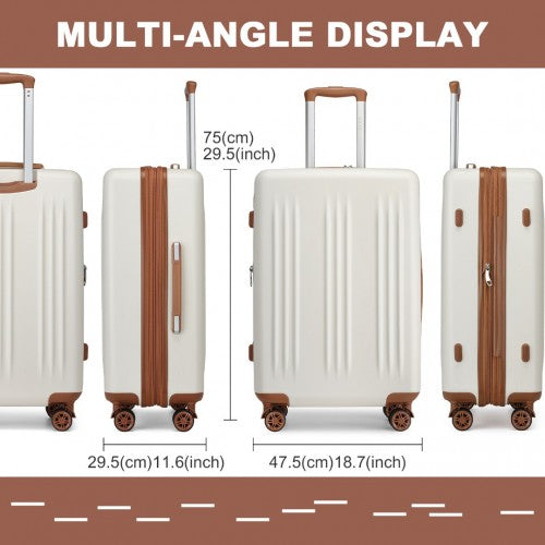 KSK2483 - Kono 28 Inch Sleek Striped Check-In Suitcase Expandable Durable ABS+PC Luggage with Four Spinner Wheels TSA Lock - Cream And Brown