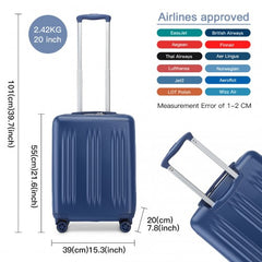 KSK2483 - Kono 20 Inch Sleek Striped Carry-On Suitcase Durable ABS+PC Luggage With Four Spinner Wheels And TSA Lock Perfect for Travel - Navy