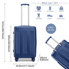 KSK2483 - Kono 24 Inch Sleek Striped Check-In Suitcase Expandable Durable ABS+PC Luggage with Four Spinner Wheels TSA Lock - Navy