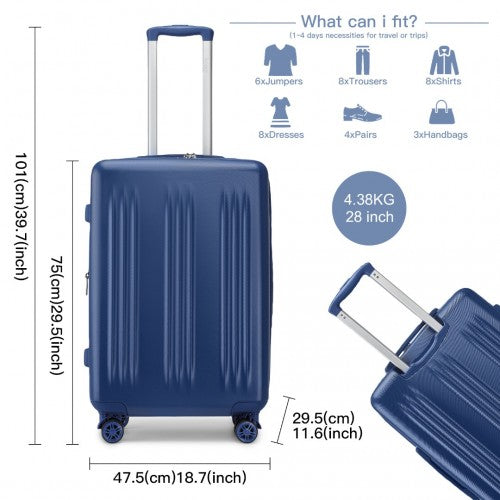 KSK2483 - Kono 28 Inch Sleek Striped Check-In Suitcase Expandable Durable ABS+PC Luggage with Four Spinner Wheels TSA Lock - Navy