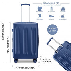 KSK2483 - Kono 28 Inch Sleek Striped Check-In Suitcase Expandable Durable ABS+PC Luggage with Four Spinner Wheels TSA Lock - Navy