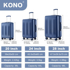 KSK2483 - Kono 3 Piece Luggage Set 20/24/28 Inch Sleek Striped Expandable ABS+PC Suitcase With TSA Lock And Four Spinner Wheels - Navy