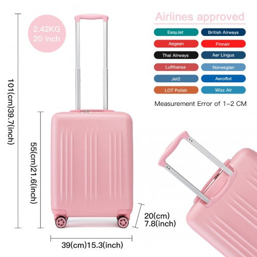 KSK2483 - Kono 20 Inch Sleek Striped Carry-On Suitcase Durable ABS+PC Luggage With Four Spinner Wheels And TSA Lock Perfect for Travel - Pink