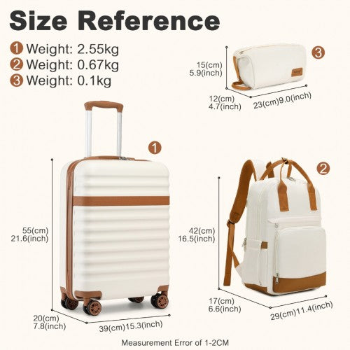 KSK2484+EQ2401 - Kono 20 Inch Stylish Hard Shell ABS+PC Cabin Suitcase Included Multi-Compartment Backpack with Small Pouch 3 Piece Travel Set - Cream And Brown