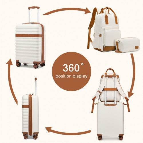 KSK2484+EQ2401 - Kono 20 Inch Stylish Hard Shell ABS+PC Cabin Suitcase Included Multi-Compartment Backpack with Small Pouch 3 Piece Travel Set - Cream And Brown