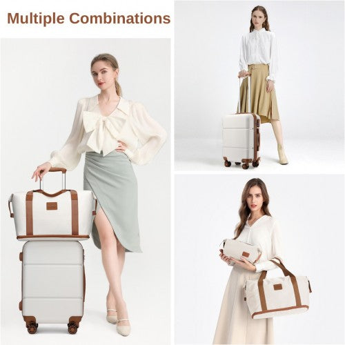 KSK2485+EA2212 - Kono 20 Inch Premium ABS Cabin Carry-On Suitcase Set With Weekend Bag And Toiletry Bag - Cream And Brown