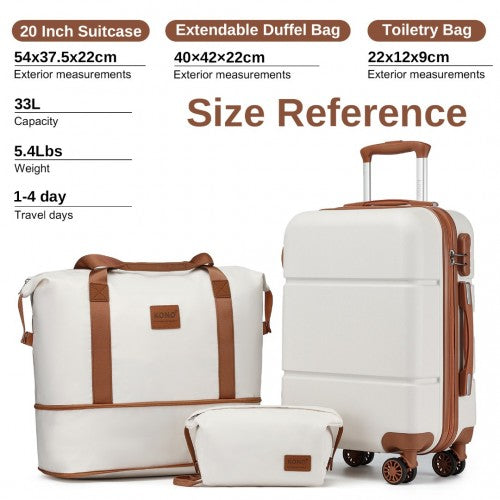 KSK2485+EA2212 - Kono 20 Inch Premium ABS Cabin Carry-On Suitcase Set With Weekend Bag And Toiletry Bag - Cream And Brown