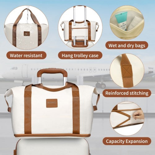 KSK2485+EA2212 - Kono 20 Inch Premium ABS Cabin Carry-On Suitcase Set With Weekend Bag And Toiletry Bag - Cream And Brown