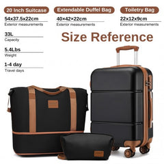 KSK2485+EA2212 - Kono 20 Inch Premium ABS Cabin Carry-On Suitcase Set With Weekend Bag And Toiletry Bag - Black And Brown