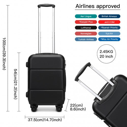 KSK2485 - Kono 20 Inch Premium ABS Cabin Carry-On Suitcase with Secure Combination Lock for Effortless Travel - Black