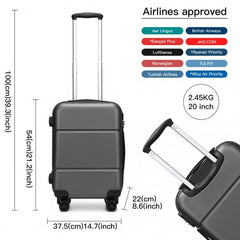 KSK2485 - Kono 20 Inch Premium ABS Cabin Carry-On Suitcase with Secure Combination Lock for Effortless Travel - Grey and black