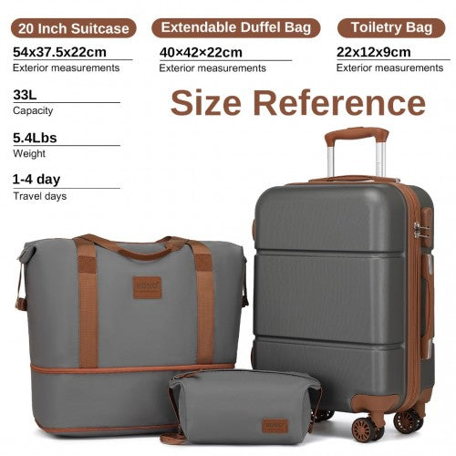 KSK2485+EA2212 - Kono 20 Inch Premium ABS Cabin Carry-On Suitcase Set With Weekend Bag And Toiletry Bag - Grey And Brown