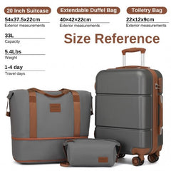 KSK2485+EA2212 - Kono 20 Inch Premium ABS Cabin Carry-On Suitcase Set With Weekend Bag And Toiletry Bag - Grey And Brown