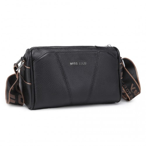 L2310 - Miss Lulu Simple And Elegant Wide Strap Genuine Leather Crossbody Bag - Black