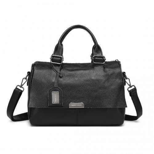 L2332 - Miss Lulu Perfect Fusion of Genuine and PU Leather Women's Tote Crossbody Bag - Black