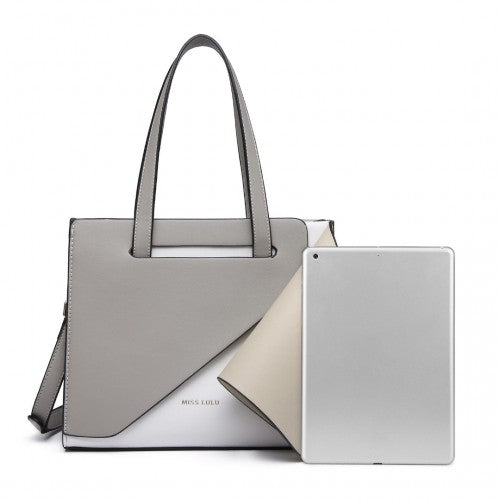 LB2008 - Miss Lulu Contrast Panel Shoulder Bag - Grey And Beige