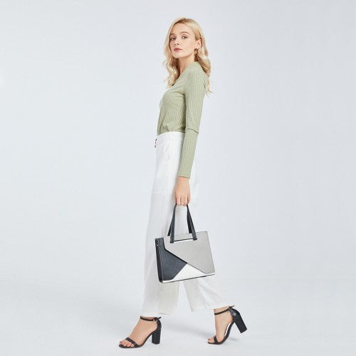 LB2008 - Miss Lulu Contrast Panel Shoulder Bag - Grey And Beige