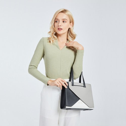 LB2008 - Miss Lulu Contrast Panel Shoulder Bag - Grey And Beige