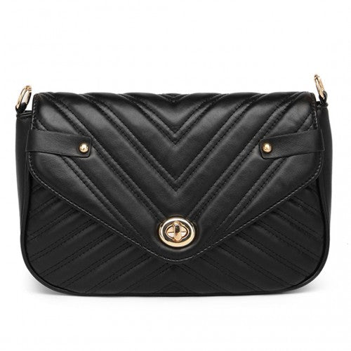 LB2138 - Miss Lulu V-quilted Flap Leather Shoulder Bag - Black