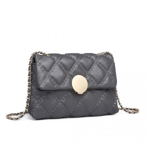 LB2242 - Miss Lulu Smooth Flap Chain Shoulder Bag - Grey