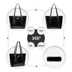 LD2217 - Miss Lulu 4 Pieces Glossy Leather Tote Bag Set - Black