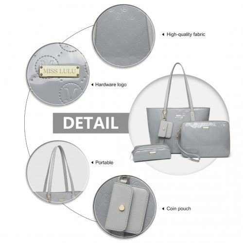 LD2217 - Miss Lulu 4 Pieces Glossy Leather Tote Bag Set - Grey