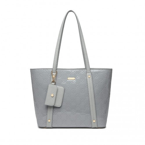 LD2217 - Miss Lulu 4 Pieces Glossy Leather Tote Bag Set - Grey