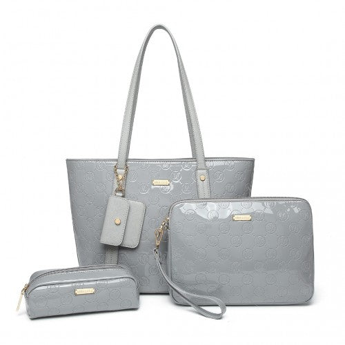 LD2217 - Miss Lulu 4 Pieces Glossy Leather Tote Bag Set - Grey