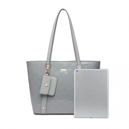 LD2217 - Miss Lulu 4 Pieces Glossy Leather Tote Bag Set - Grey