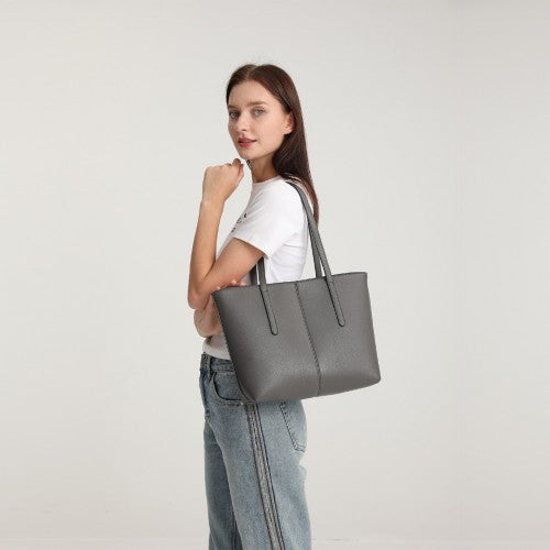 LG2062 - Miss Lulu Leather Look Simple Casual Tote Bag - Grey