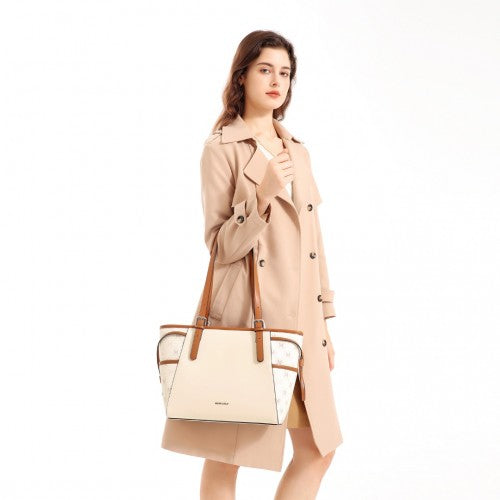 LG2322 - Miss Lulu Elegant Tote Bag With Monogram Pattern - Beige And Brown